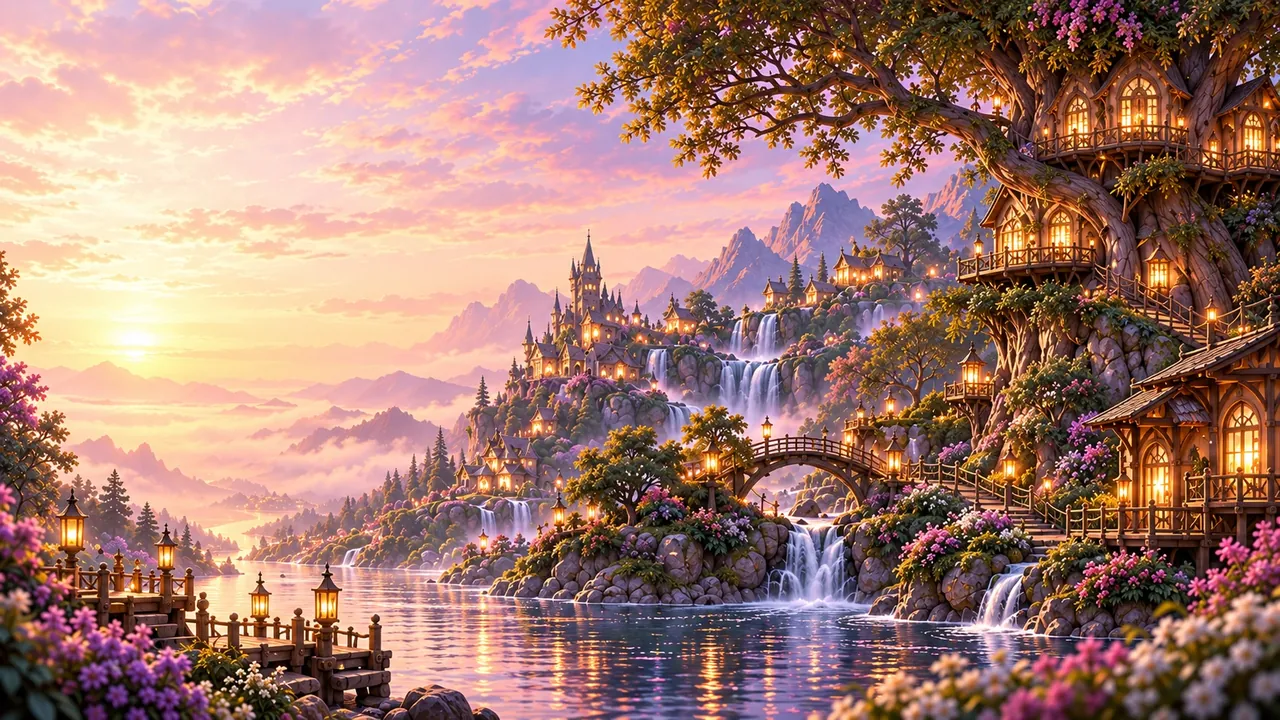 Enchanted Heartwing Hollow valley with treehouses, waterfalls and bridges