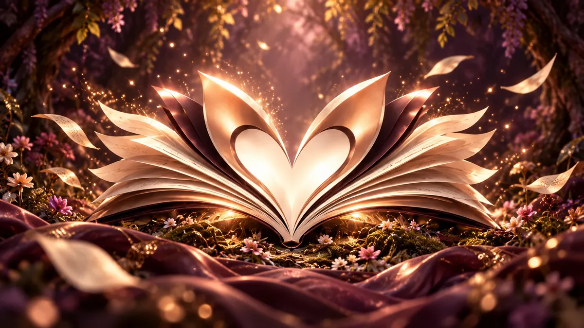 An open book with heart-shaped, rose-gold wings